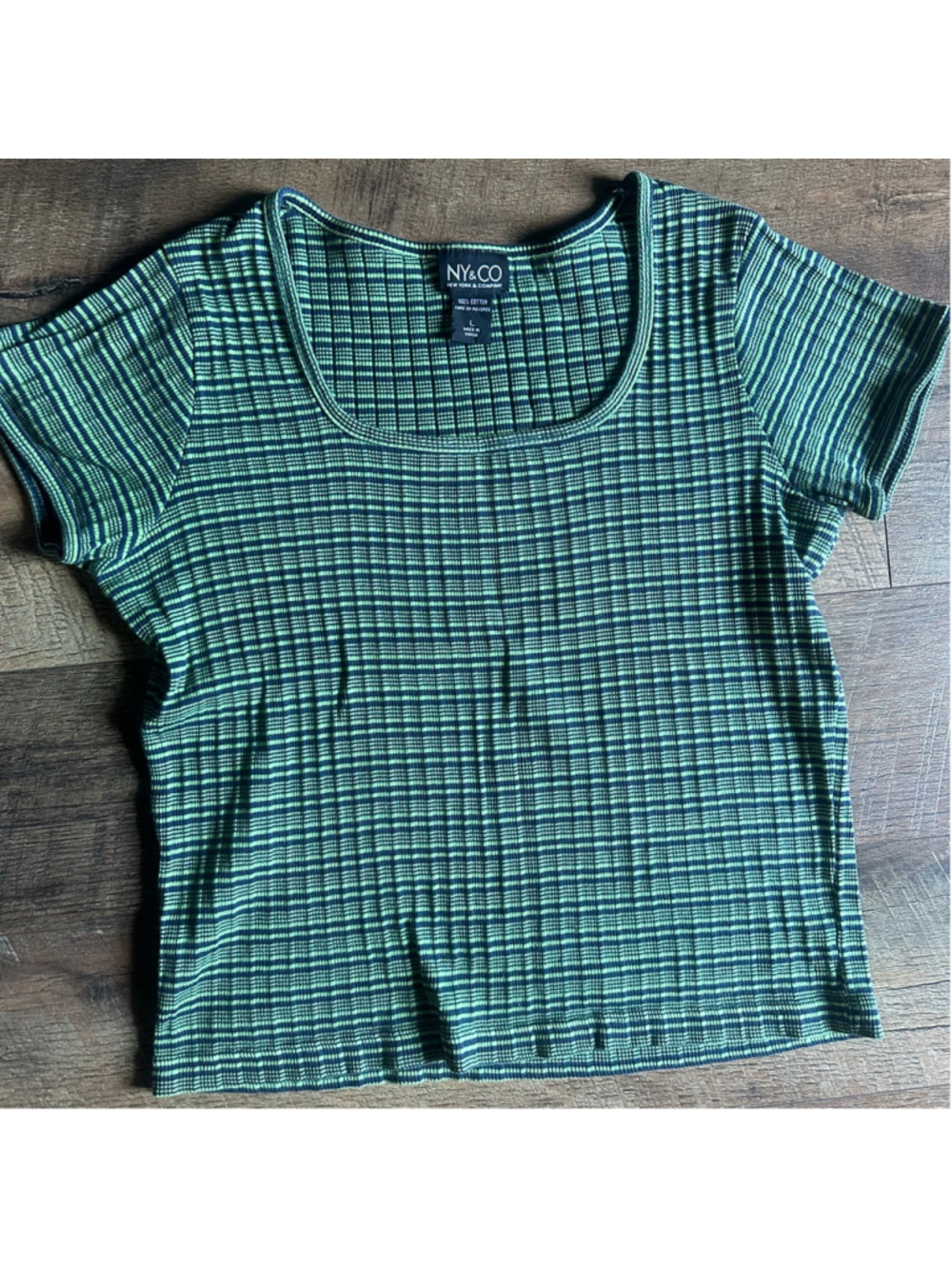 Women's NY&CO Short Sleeve Tee, Size L, Green and Black Striped